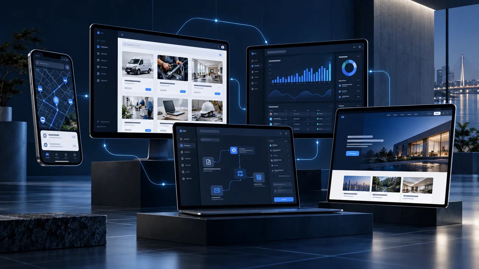 Ecossistema conceitual de produtos digitais com aplicativos e painéis operacionais