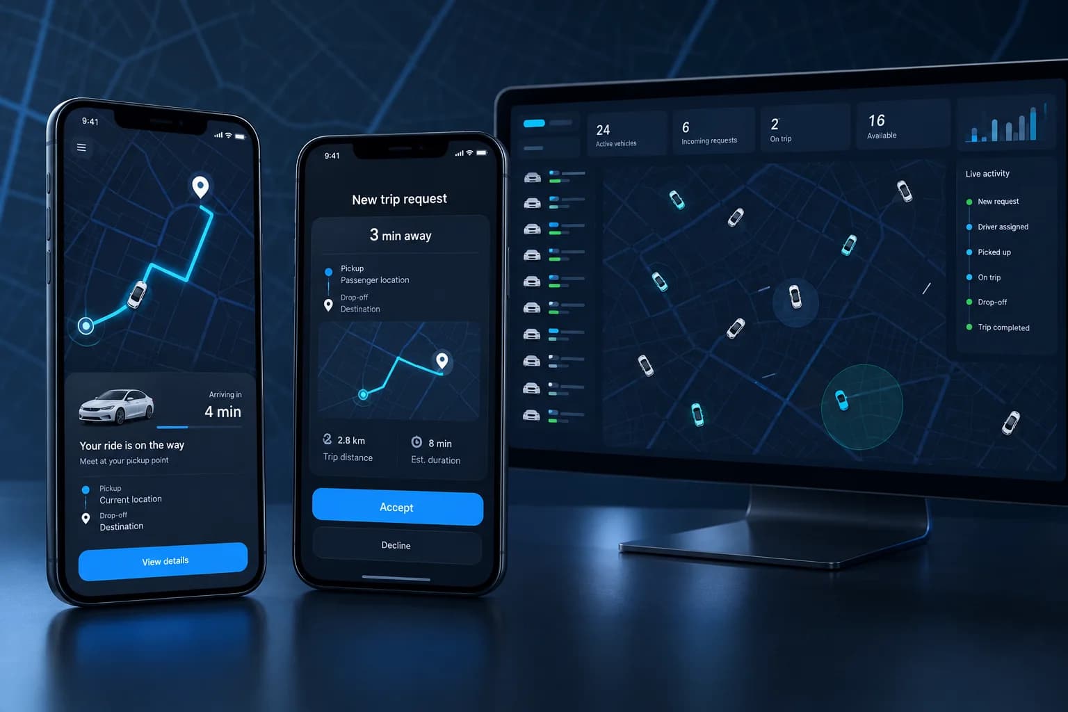 Mockup conceitual de aplicativo de mobilidade com telas de passageiro, motorista e despacho