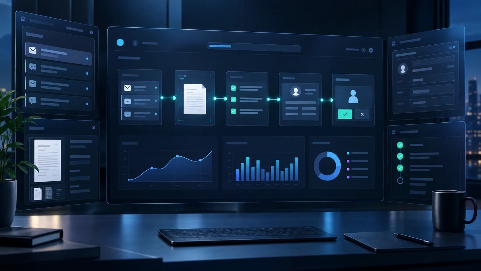 Mockup conceitual de automação empresarial com IA, documentos e aprovação humana