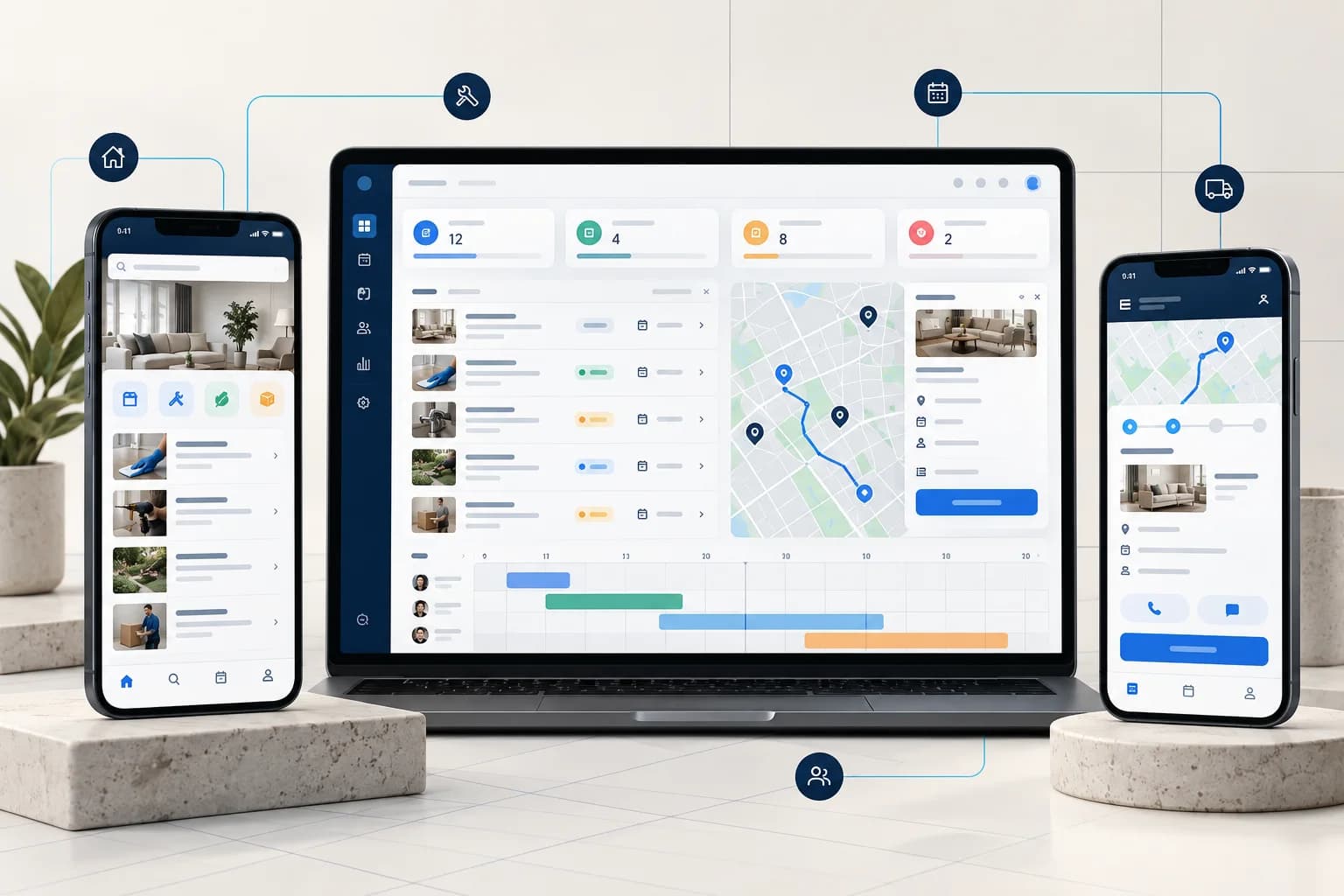 Mockup conceitual de plataforma de serviços sob demanda com aplicativos e painel operacional